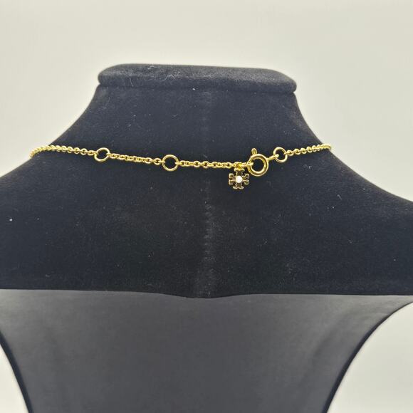 NEW Tory Burch Miller Pave Logo Delicate Necklace Gold Pink Crystal 18K Gold - Picture 4 of 7